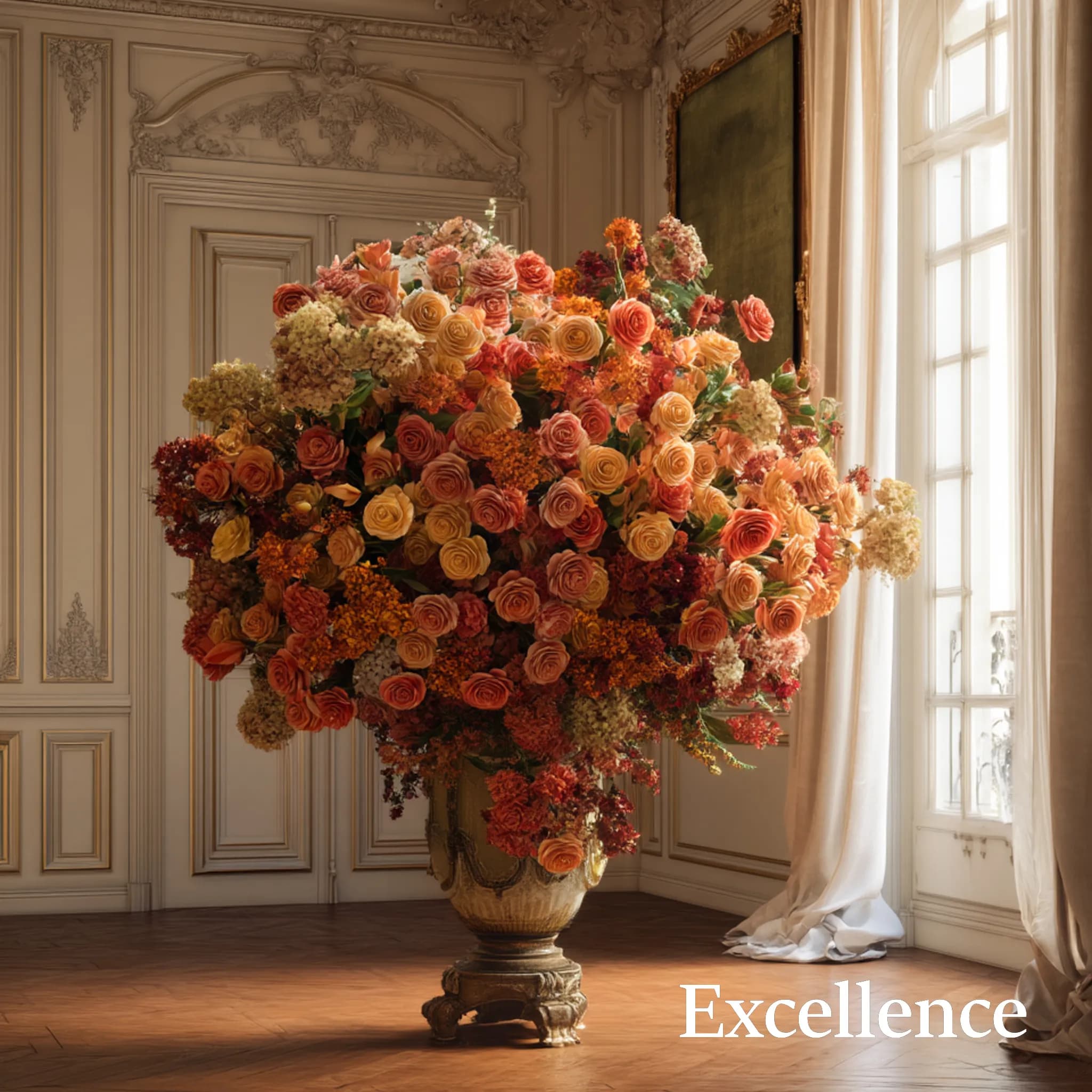 Bouquet aux couleurs chaudes de 200 à 500 roses et Fleurs de Saison