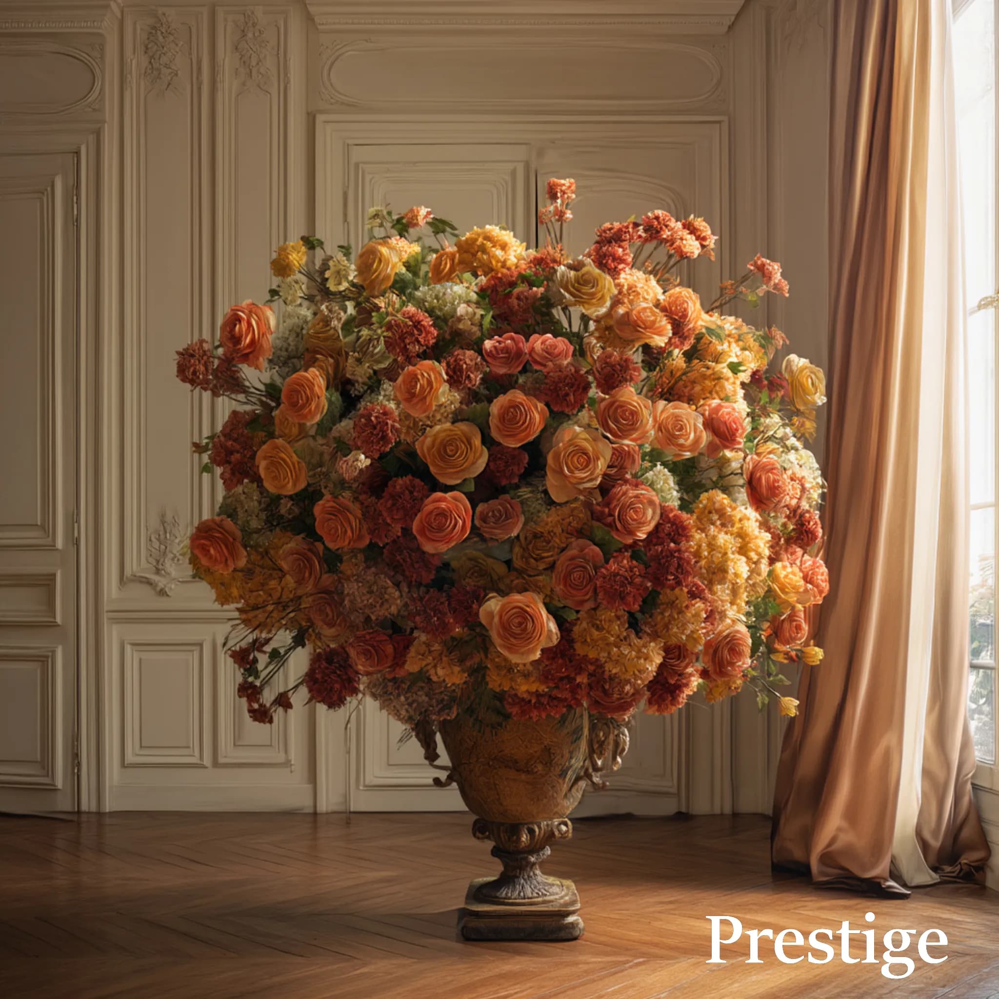 Bouquet aux couleurs chaudes de 200 à 500 roses et Fleurs de Saison