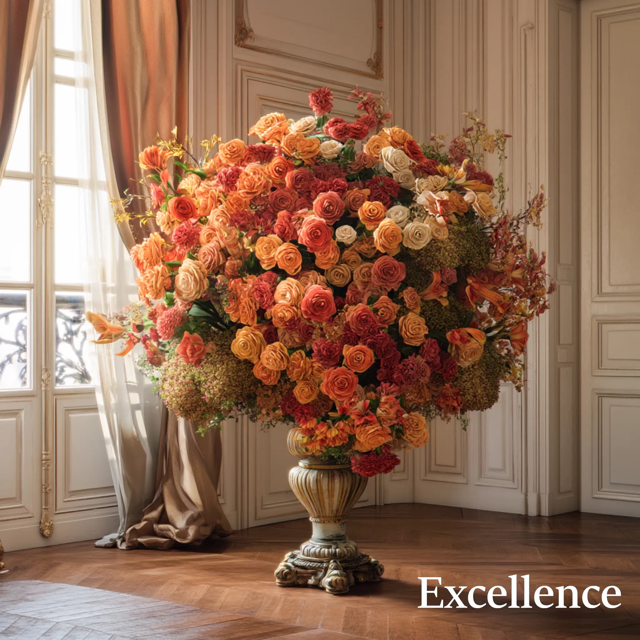 Bouquet aux couleurs chaudes de 200 à 500 roses et Fleurs de Saison